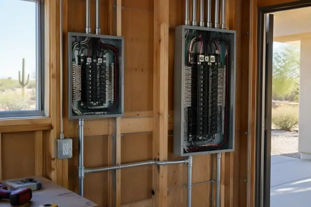Workshop subpanel installation with neat wiring and metal conduit on wood framing in Phoenix, AZ.