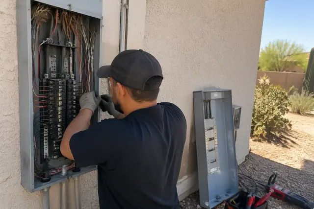 Contractor performing a Zinsco panel replacement and wiring adjustment on a home in Phoenix, AZ.