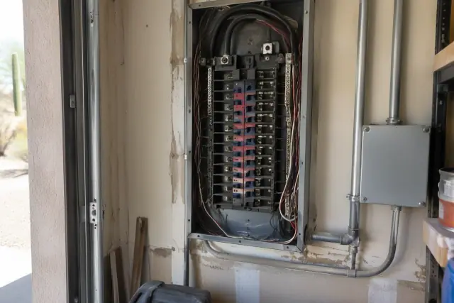 Aged Zinsco electrical panel with discolored busbars in a Phoenix, AZ garage.