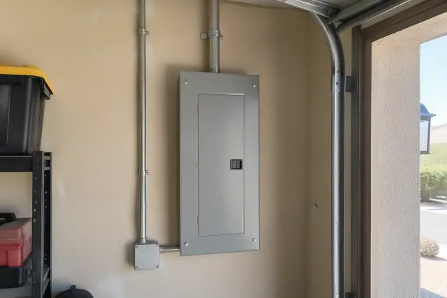 Zinsco electrical panel replacement on an interior garage wall in Avondale, AZ.