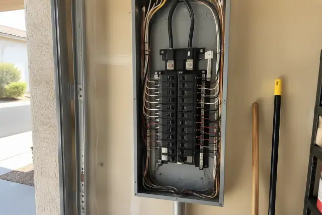 Zinsco panel replacement with new breakers and clean wiring in a Gilbert, AZ garage.