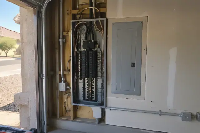 Zinsco electrical panel replacement on a garage drywall partition in Buckeye, AZ.