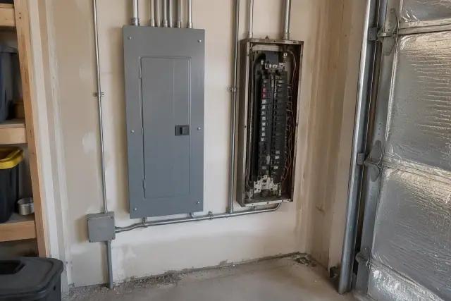 Completed Zinsco electrical panel replacement on a garage wall in Tempe, AZ.