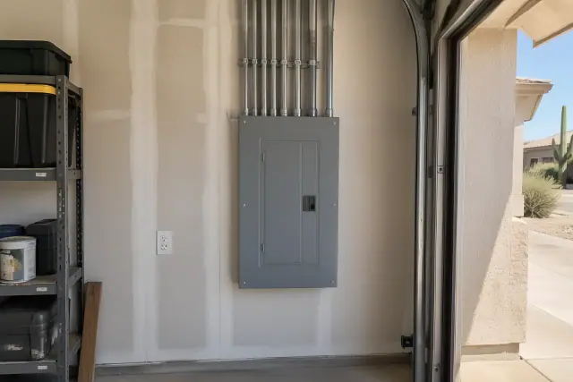 Electrical panel replacement with clean conduit runs on a residential garage wall in Phoenix, AZ.