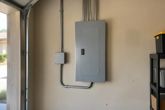 New electrical panel replacement mounted on a garage wall in Peoria, AZ.
