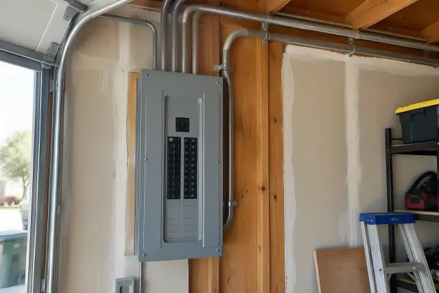 Zinsco electrical panel replacement on a garage wall in Surprise, AZ.