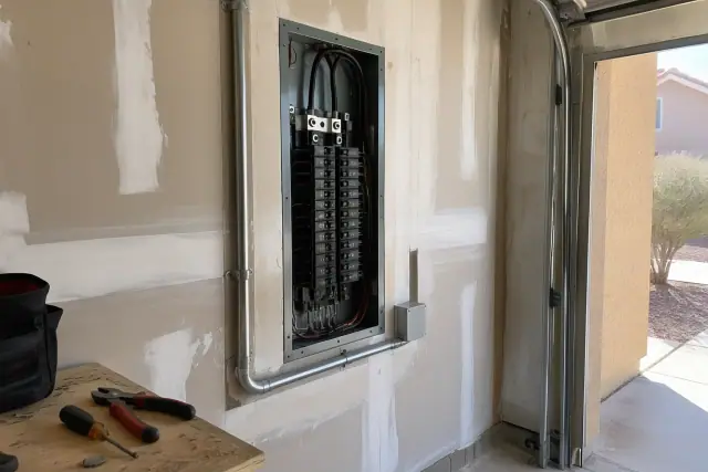 New electrical breaker enclosure replacement on a garage drywall partition in Phoenix, AZ.