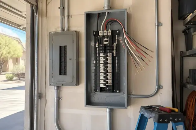 Zinsco panel replacement with copper wires and a breaker base in a Chandler, AZ garage.