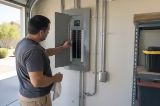 Service professional inspecting a breaker enclosure and conduit on a garage wall in Phoenix, AZ.