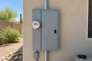 Finished Zinsco panel replacement and idle tool on a stucco wall in Phoenix, AZ.