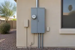Closed metal electrical enclosure on a stucco exterior wall with desert gravel in Phoenix, AZ.
