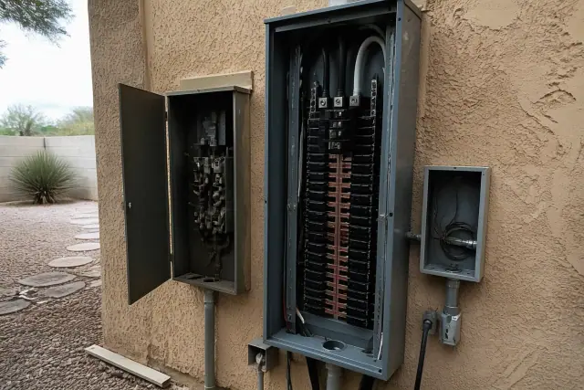 New 200-amp electrical panel installed on a stucco wall at a jobsite in Phoenix, AZ.