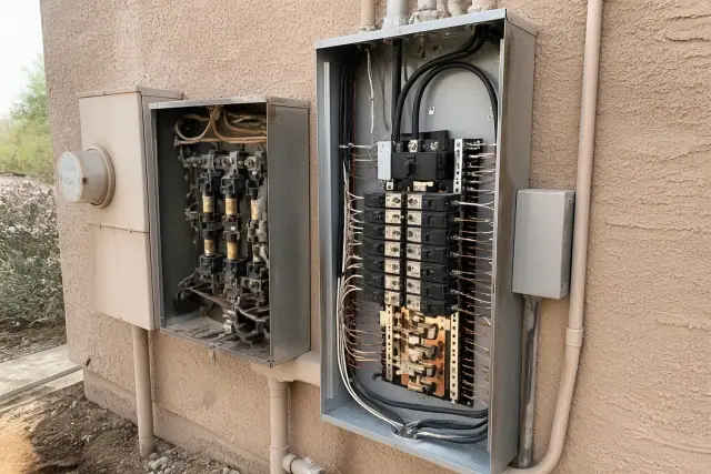 New electrical panel upgrade with copper bus bars replacing an old fuse cabinet at a home in Phoenix, AZ.