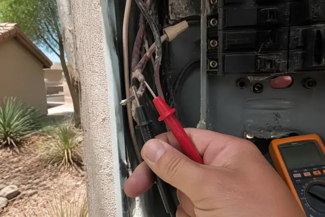 Multimeter probe testing frayed wires inside a residential utility closet in Phoenix, AZ.