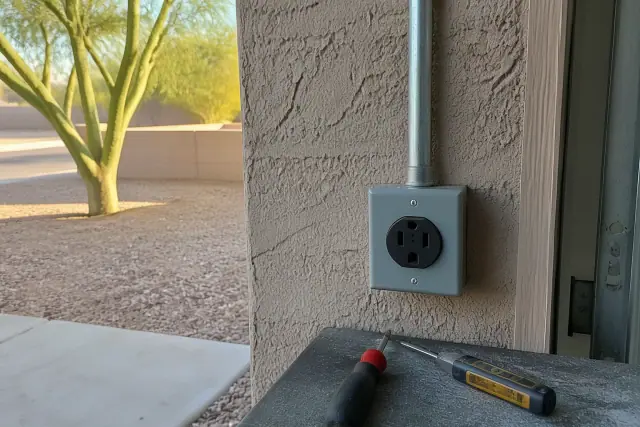 Completed 240V outlet installation with conduit on a stucco wall at a Phoenix, AZ home.