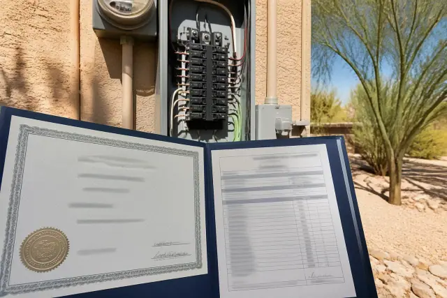 Arizona contractor license and insurance documents displayed at a job site in Phoenix, AZ.