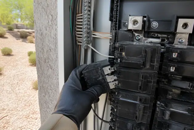 Electrician installing a circuit breaker into a residential service panel at a job site in Phoenix, AZ.