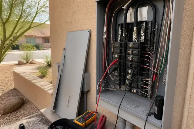 Open electrical service panel with multimeter leads on a circuit breaker at a home in Phoenix, AZ.