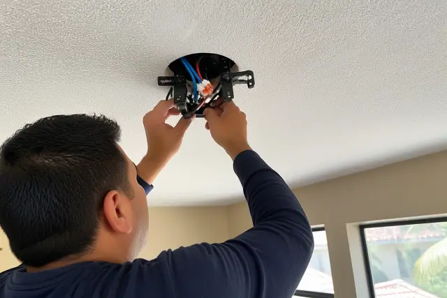 Technician installing a ceiling fan mounting bracket and wiring in a Phoenix, AZ home.