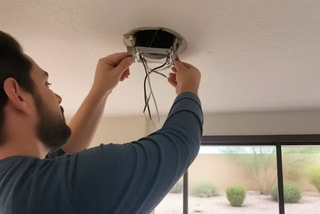 Technician installing a ceiling fan mounting bracket and wiring in a home in Scottsdale, AZ.