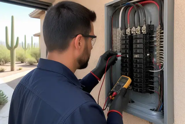 Electrician using a multimeter to check residential service panel capacity in Phoenix, AZ.