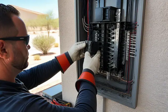 Electrician installing a circuit breaker into a residential panel in Phoenix, AZ.