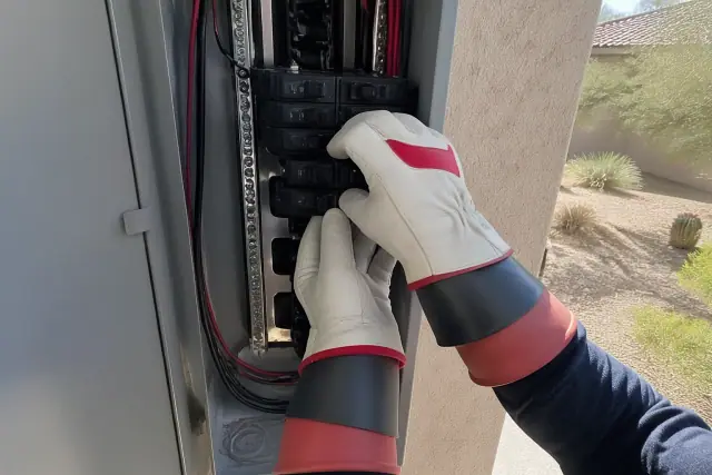 Electrician wearing insulated gloves installs a new circuit breaker in a residential panel in Phoenix, AZ.