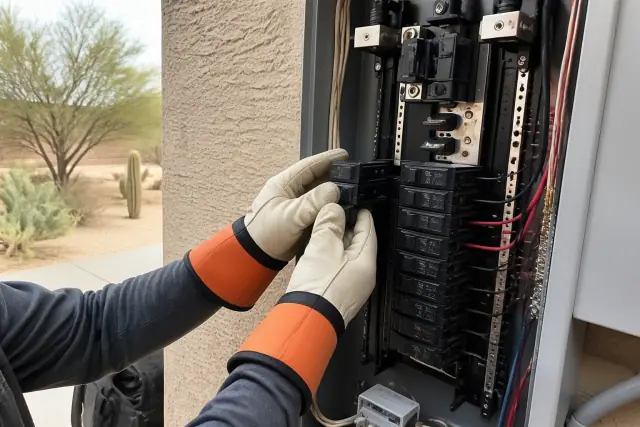 Electrician wearing insulated gloves installs a new circuit breaker in a residential panel in Phoenix, AZ.