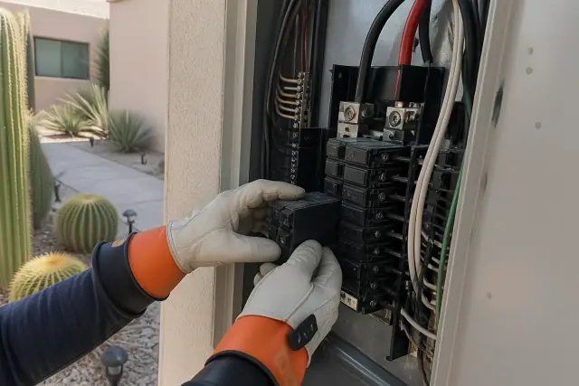 Electrician installing a circuit breaker in a residential panel in Paradise Valley, AZ.