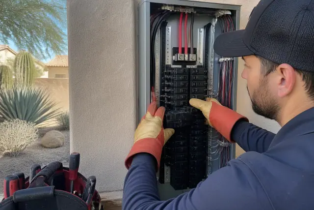 Electrician installing a circuit breaker in a residential panel board in Scottsdale, AZ.