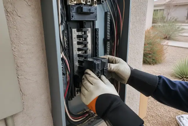 Electrician installing a circuit breaker in a residential panel board in Tempe, AZ.
