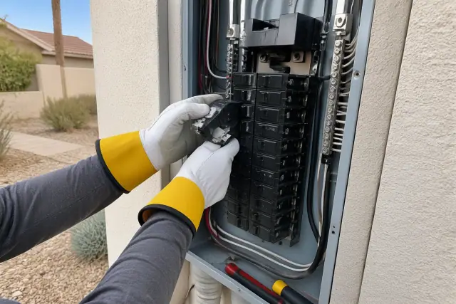 Electrician installing a circuit breaker in a residential service panel in Sun City, AZ.