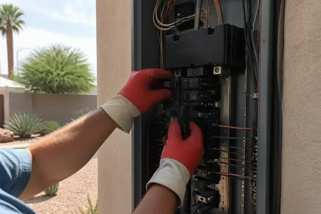 Electrician installing a circuit breaker in a residential panel in Peoria, AZ with desert landscaping in the background.