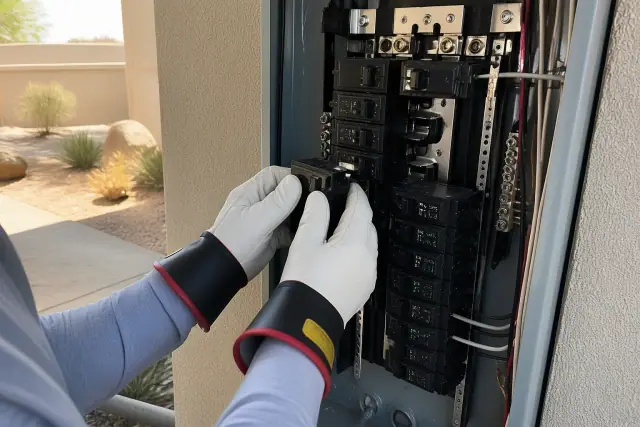 Electrician installing a circuit breaker into a residential service panel in Mesa, AZ.