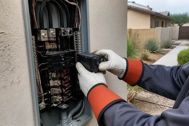 Electrician installing a new circuit breaker in a residential service panel in Gilbert, AZ.