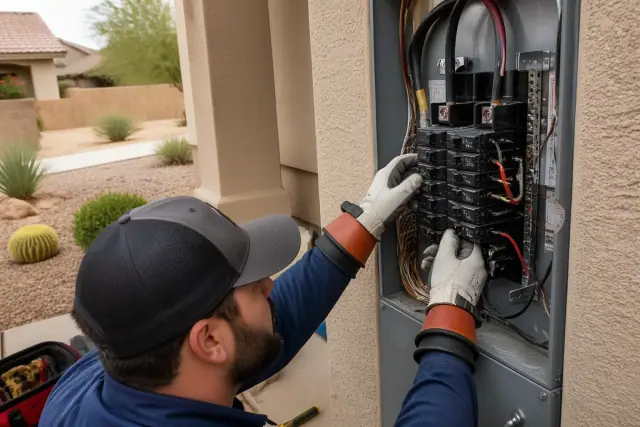 Electrician installing a circuit breaker in a residential service panel at a home in Glendale, AZ.