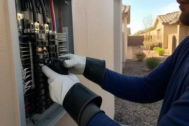 Electrician installing a new circuit breaker in a residential service panel in Chandler, AZ.
