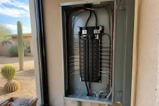 Open electrical panel with new circuit breakers and desert landscaping visible through a window in Phoenix, AZ.