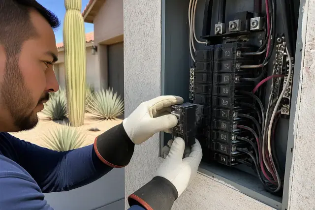 Electrician installing a new circuit breaker in a residential service panel in Phoenix, AZ.