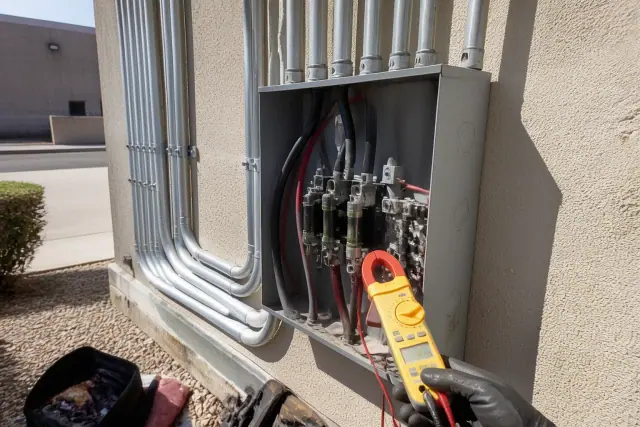 Electrician inspecting a faulty junction box on an industrial wall with conduit pipes in Phoenix, AZ.
