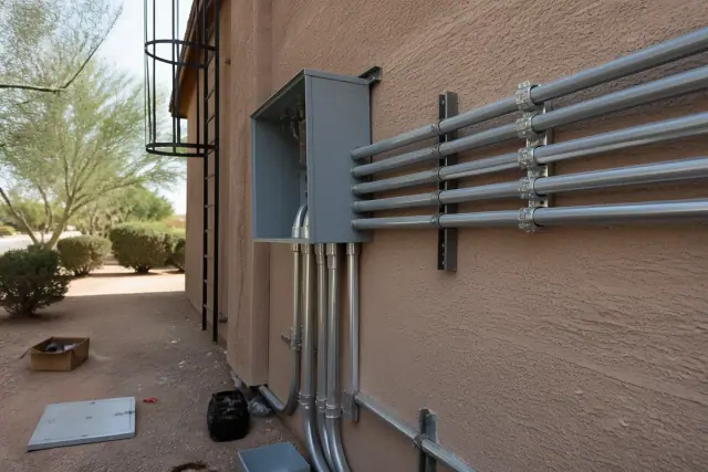 Exposed metal conduit and a junction box installed on a stucco wall at a jobsite in Goodyear, AZ.