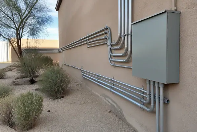 Exposed metal conduit and a junction box on a stucco wall at an industrial workspace in Phoenix, AZ.