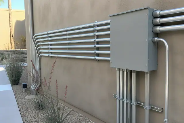 Exposed metal electrical conduit and a junction box on a stucco wall at a job site in Gilbert, AZ.