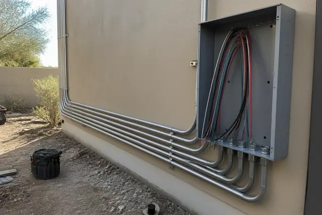 Metal conduit pipes and a junction box on a stucco wall at a commercial electrical jobsite in Paradise Valley, AZ.