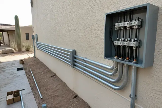 Metal electrical conduit and junction box installed on a stucco wall at a jobsite in Scottsdale, AZ.
