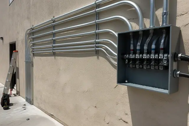 Exposed metal electrical conduit pipes and a junction box on a stucco wall at an industrial workspace in Mesa, AZ.