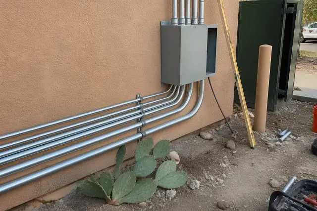 Exposed metal conduit and a junction box on a dusty stucco wall at an industrial jobsite in Glendale, AZ.