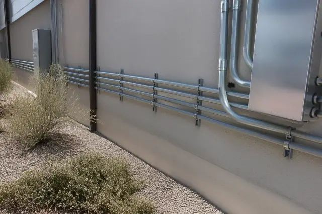 Metal conduit pipes and a junction box on a stucco wall at an industrial worksite in Sun City, AZ.