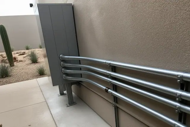 Exposed metal conduit and a junction box on a stucco wall at a jobsite in Peoria, AZ.