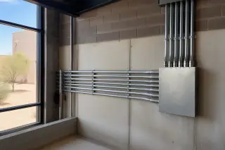 Exposed metal conduit pipes and a junction box on a stucco wall at a job site in Phoenix, AZ.